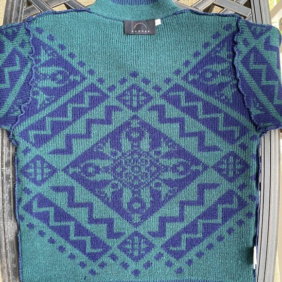 Vintage Bogner - Nordic Ski Sweater - 100% Wool - Geometric Navy Blue and Green - Picture 5 of 16